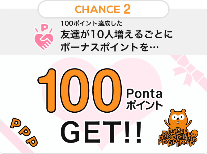 CHANCE1 紹介した友達がPonta PLAYで100ポイント獲得すると… 2人とも50 Pontaポイント GET!!
